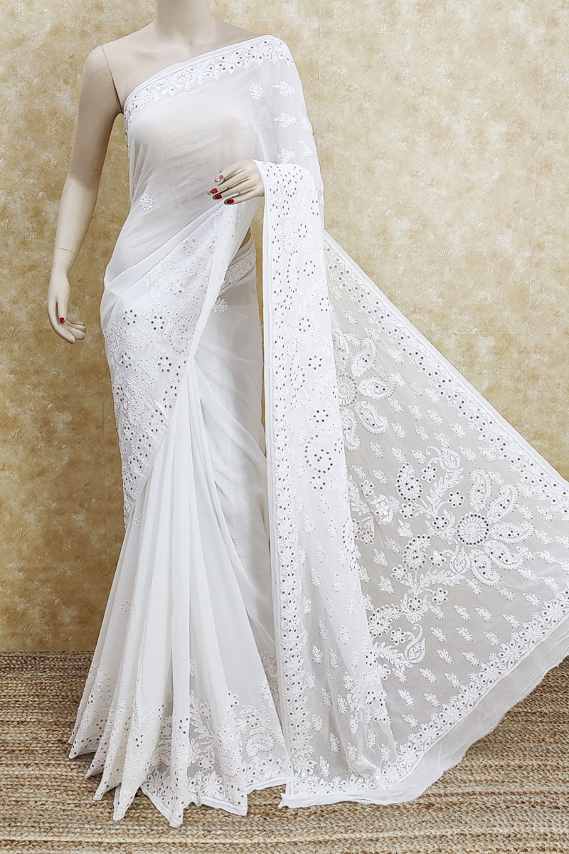 White Color Mukaish Work Hand Embroidered Lucknowi Chikankari Saree (with Blouse - Viscose Georgette) Mc251976